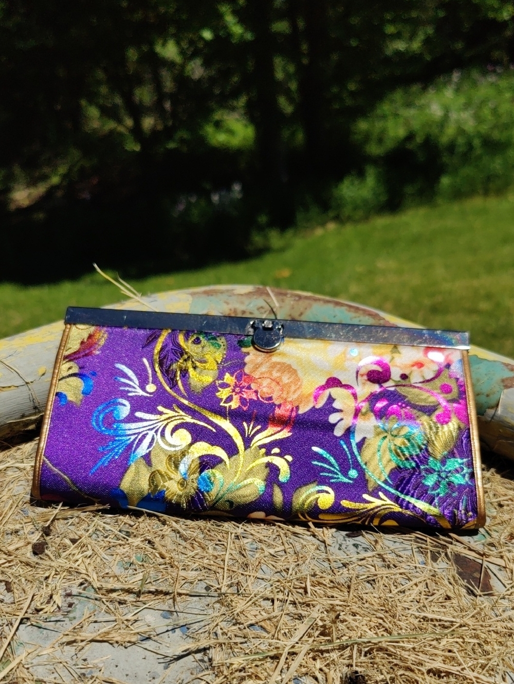 Floral Purple Satin Frame Clutch - Women’s Evening Bag